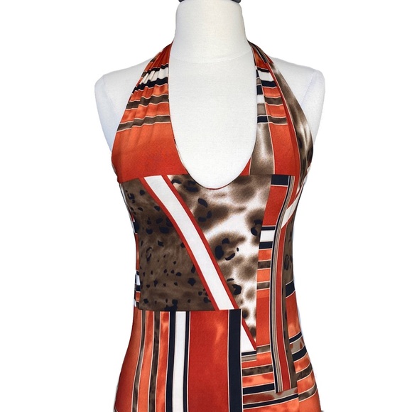 From Italy, Blood Orange Halter w/ Multicolor & Leopard Print Geo Block Design. - Picture 5 of 5